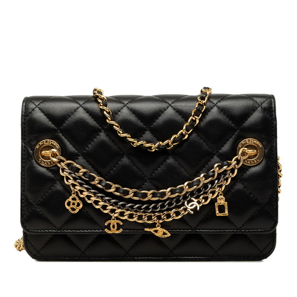 Chanel Coco Mark Matelassé Wallet Chain Shoulder Bag AP0498 Black Gold Lambsk...